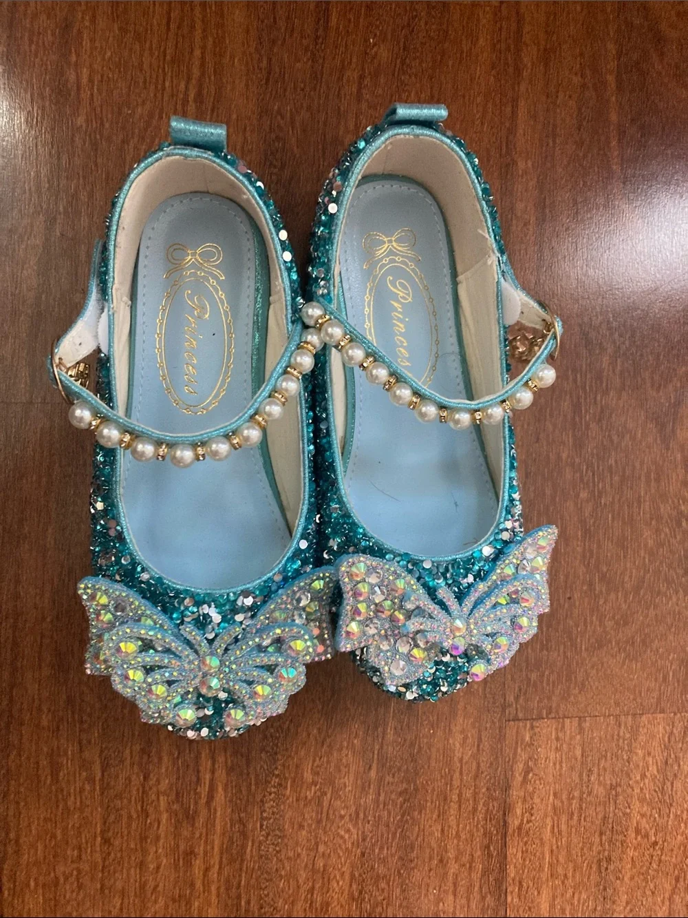 Princess Teal Glitter Butterfly Pearl-Strap Dress Shoes Sz 12